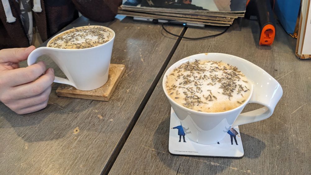 Two lavender lattes. 