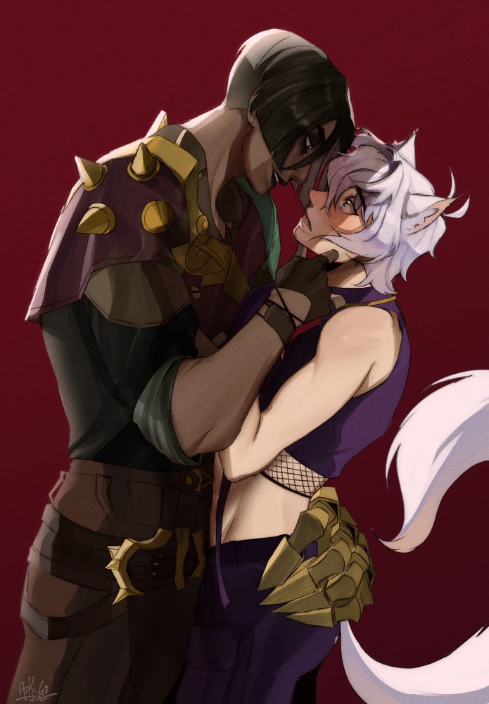 Illustration of Ares and Sevika from Arcane. Sevika is leaning over Ares and grabbing his chin to look up at her with a smirk on her face omg I'm blushing so hard right now