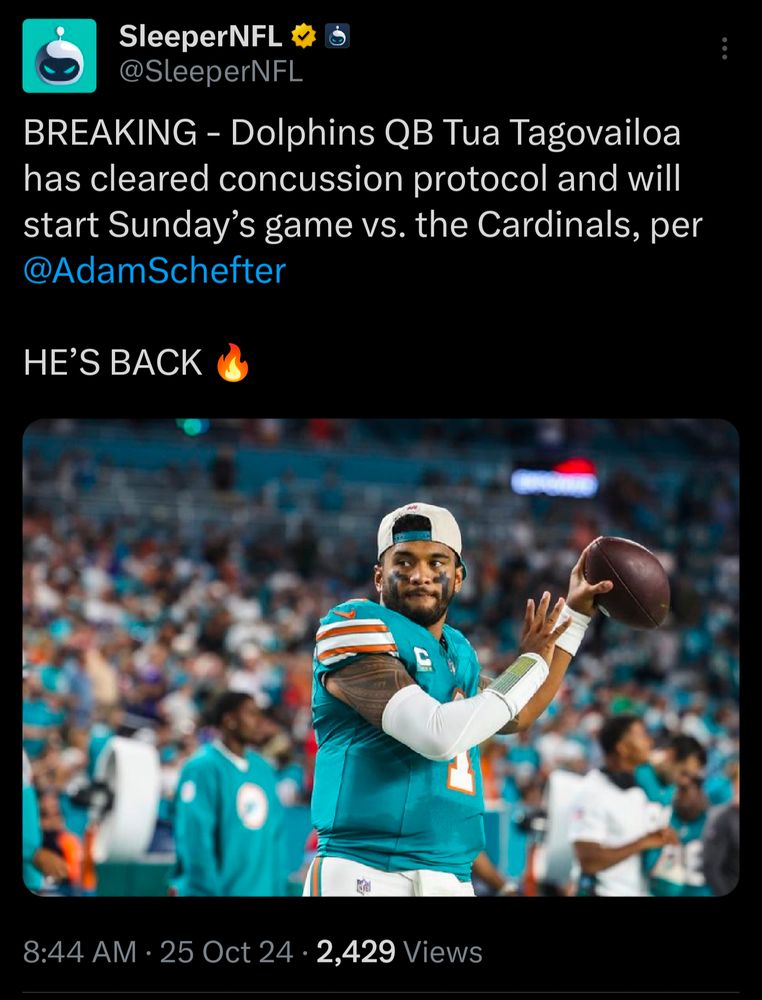 Tua Tagovailoa has cleared concussion protocol and will start for the Miami Dolphins this Sunday 