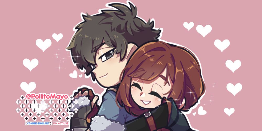 Digital illustration of a couple featuring a OCxCanon ship of Lon'qu from Fire Emblem and client's original character standing close together.
The girl hugs the guy from behind while they hold hands.
She smiles brightly, and he gives a small, gentle smile in return.