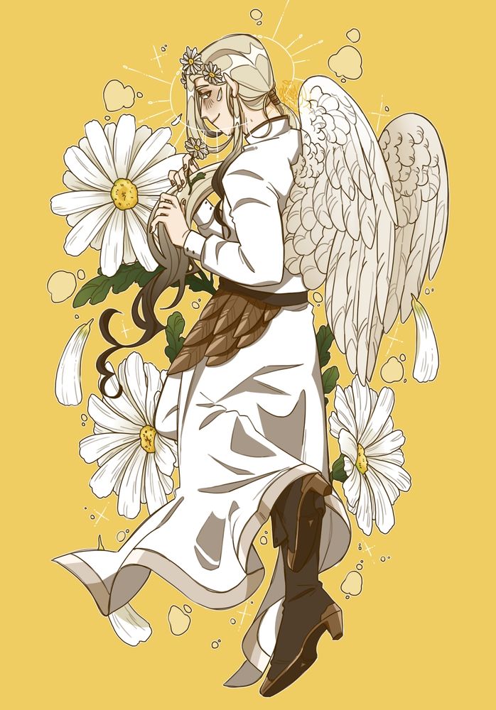 An illustration of a blond man with feathered wings and a halo, his back turned away from the viewer, but his side profile still visible. He's on a yellow backdrop with large white daisies in the background. He's wearing a daisy flower crown, flowing white robes and brown leather boots, and he has his hands occupied playing with his hair, a smaller daisy pinched between two fingers.