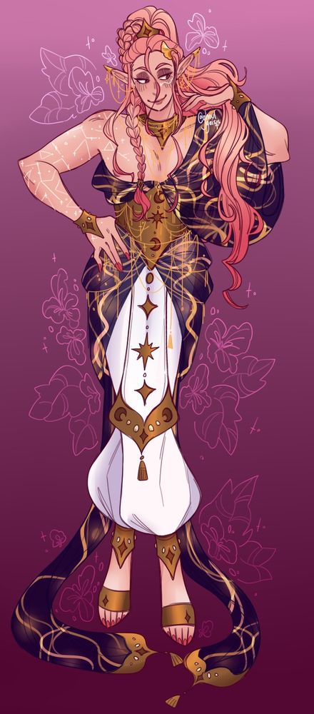 An illustration of an elven man with long pink hair. His outfit consists of a sheer dark blue robe with golden swirls wrapped loosely around his upper body and white pants, accented with burnished gold cuffs and jewelry. The right side of his body is dotted with tattoos in the shape of stars and constellations.