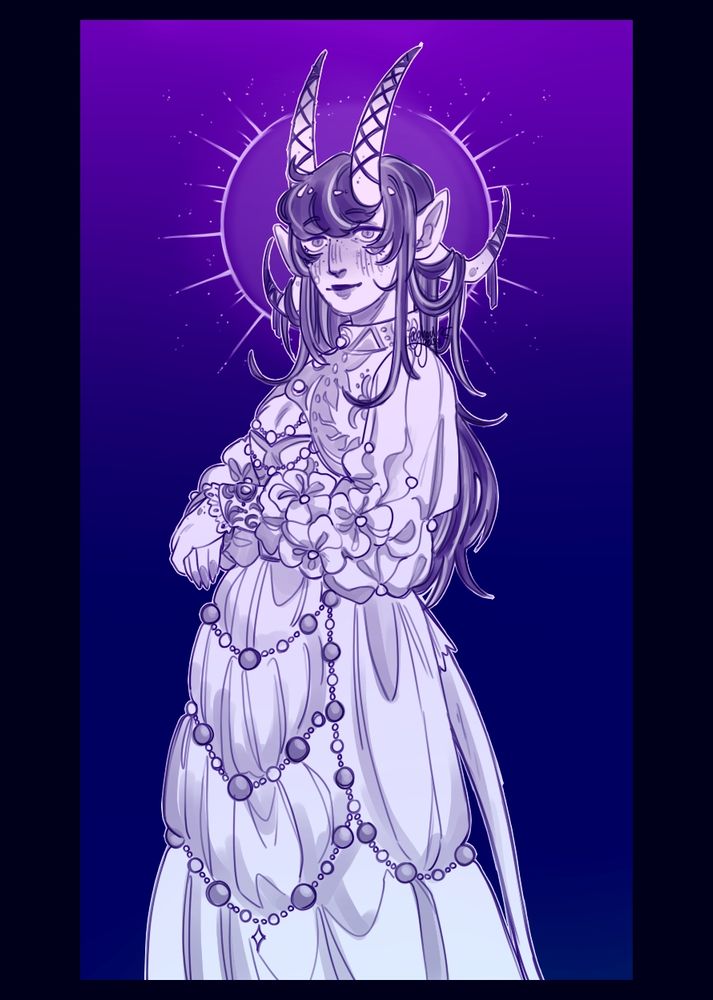 An illustration of a tiefling coloured with a limited purple-blue toned pallette. He has long purple hair with white streaks and two sets of horns laced with ribbons, as well as two sets of eyes. They're wearing a white dress with ornate quilted sleeves, and they are looking out toward the viewer with a soft smile.