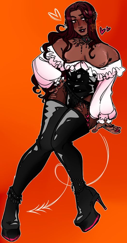 An illustration of a man posing on a bright orange background. He has deep maroon hair that reaches to his thighs and is wearing a white loose blouse, black leather corset, and tall black leather platform heels.
