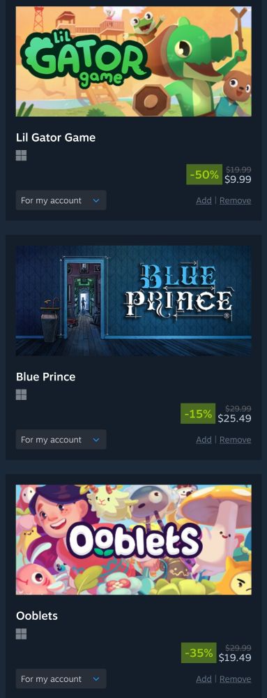 A screenshot of a Steam cart featuring three games: Lil Gator Game, Blue Prince, and Ooblets. 