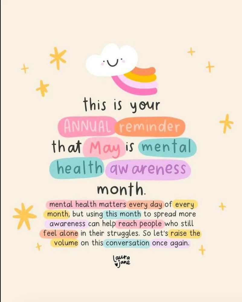 light peach background with words in the middle. around it are drawn yellow star shapes and at the top a cloud with a smile and a rainbow in pinks, yellow, and orange coming from it. the words in the middle say, "this is your annual reminder that May is mental health awareness month." and in a smaller font under it says, "mental health matters every day of every month, but using this month to spread more awareness can help reach people who feel alone in their struggles. So let's raise the volume on this conversation once again." underneath is a signature with heart that says "laura jane". Around some of the words throughout the message are colorful circles.