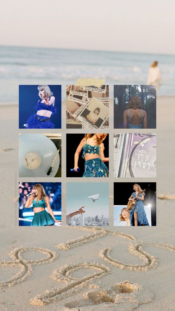 9 x 9 photo collage of Taylor Swift 1989 era photos from OG and Taylor's Version. 
The background is a picture of Taylor off in the distance near waves of the ocean and close up it says "TS 89" written in sand.
The first row is: Taylor Swift in a blue 2 piece set mid-dance move with her arm outstretched from 1989 original era, Polaroids of Taylor and her lyrics from the Album (a piece of tape appears to be holding this picture up in the edit), Taylor Swift with her back turned to the camera looking towards woods in the Out of The Woods music video wearing a light blue spaghetti strap blue top (dress)
2nd row: close up of a light blue vinyl variant of 1989 Taylor's Version on a player, Taylor mid dance in her first leg of the Eras Tour 1989 blue 2-piece set holding a blue microphone. The photo style has part of Taylor's face cut off. And a clue up of the original release of the 1989 CD open in it's case.
3rd row: Taylor Swift on the second leg of the Eras Tour during 1989 wearing her all blue 2-piece set and singing into a microphone, an arm is outstretched from the right side of the photo as if it just launched the paper airplane that's flying in the air with city buildings and a blue sky behind it, Taylor Swift during the first leg of the Eras Tour wearing her blue surprise song dress holding her guitar smiling in front of a photo announcement of 1989 Taylor's Version being released with a new image of Taylor looking up towards the sky and smiling wearing white on it