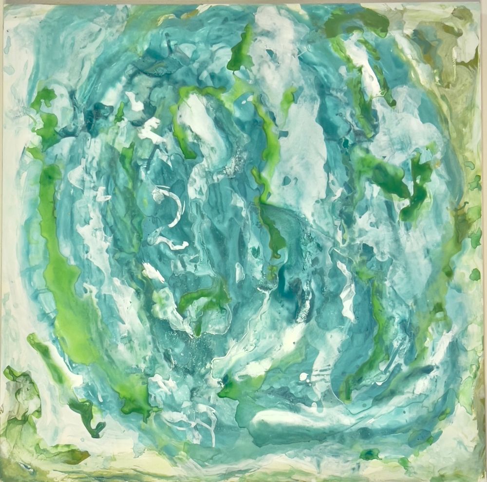 Turquoise, white, and green abstract representation of ocean energy. Contemporary painting. 