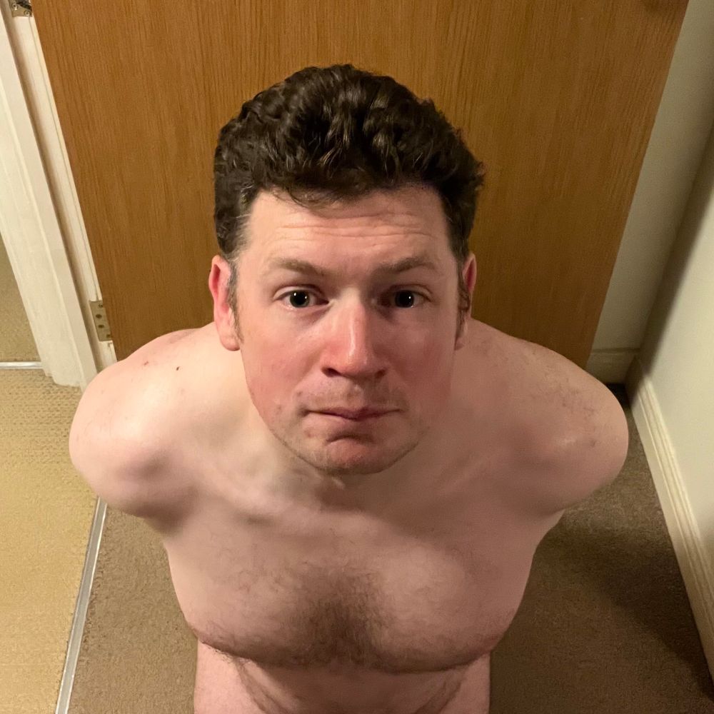 Gentleman Perve is naked on his knees looking up needy and desperate to please.