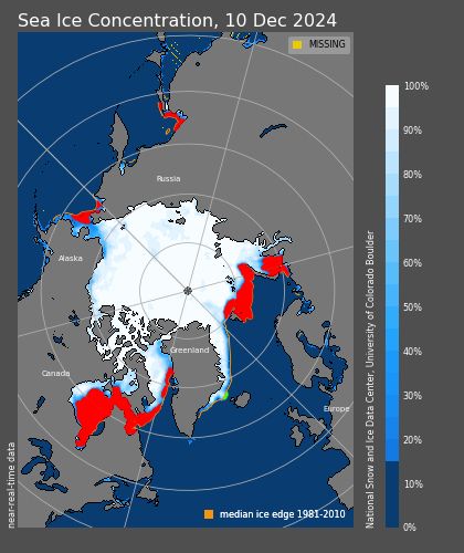 Map of Arctic sea ice concentration for 10/12/2024 with missing ice in red. Most missing from the Hudson Bar area and north of Norway.