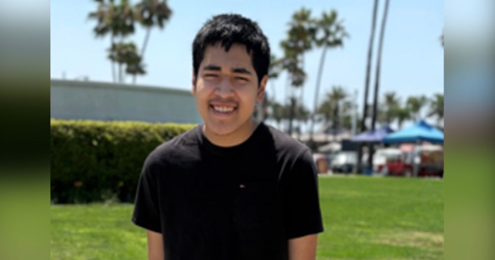 A smiling boy in a black shirt on green grass.