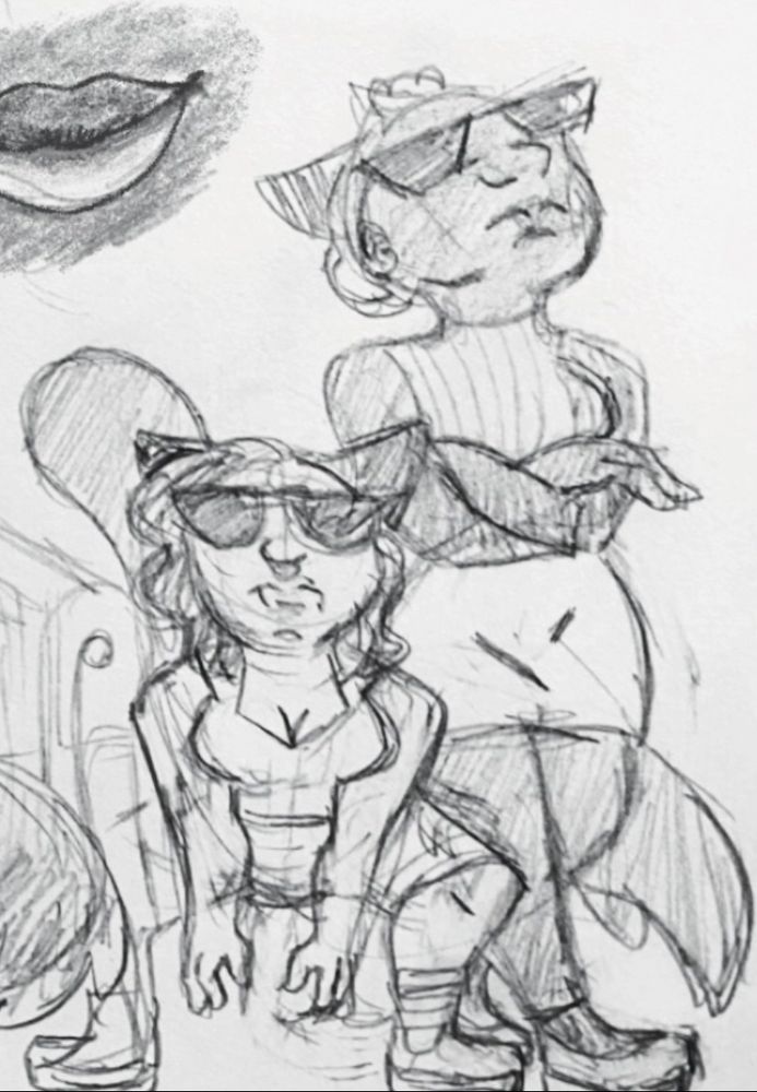 A drawing of the non-binary cat boy and the trans wolf lady in silly cool-guy poses while wearing sunglasses. 

The wolf lady stands upright, leaning back with her arms crossed. Her head is tilted up on currently. One leg is forward while the other is bent back. 

The cat boy squats down, torso tilted forward, with arms hanging straight down. Their head is also slightly tilted upwards. His expression is also uncaring