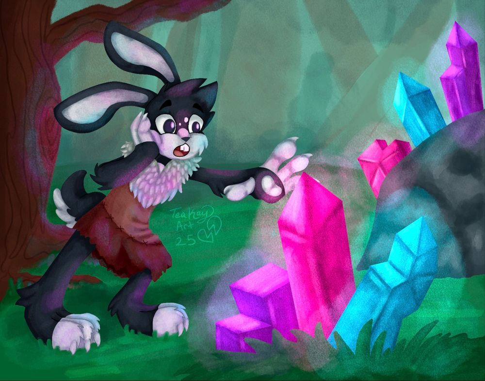 Gus, a caveman rabbit, is standing in a forest and reaching for a large set of glowing crystals growing out of the ground. There is a rock with more crystals in the background in the right side. on the left side is a tree behind Gus. The crystals are pink, purple, and turquoise blue, and all glowing brightly, reflecting their light on Gus and the tree.