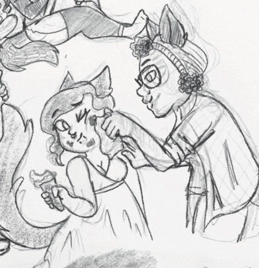 A zoom in of the sketchbook page featuring the drawing where a trans woman with wolf ears and tail is lovingly wiping ice cream off of a non-binary cat boy‘s face.

The cat boy holds A partially eaten ice cream cone out to the side with one hand while the other arm is straight down. He is wearing a sundress and his cheek is being squished.

The wolf lady bends over with a smile on her face as she wipes the ice cream off with one hand, the other resting on the cat boys shoulder. She is wearing a collared shirt over a T-shirt with jeans