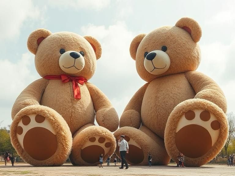 Two gigantic stuffed teddy bears with people walking in the foreground. The bears’ feet appear to be larger than humans..unsure if AI image 