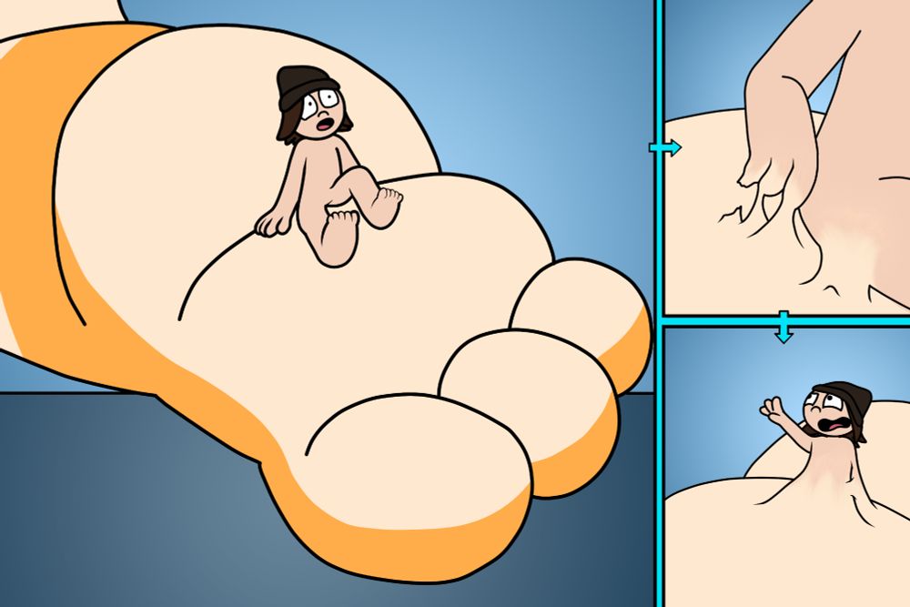 A 3 panel comic, The human from the first picture is now perched on the axolotls paw.
in the second frame a close up of the human's hand can be seen as it begins to merge with the flesh of the paw.
In the final frame the human's body is being pulled into the paw, their skintones blending together