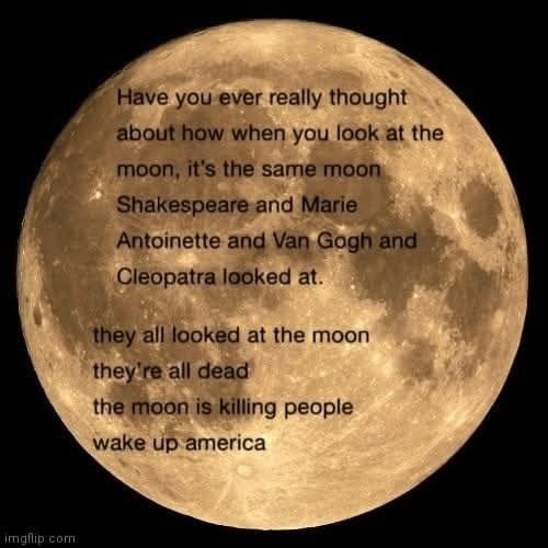 A picture of the moon with the text "have you ever really thought a out how when you look at the moon it's the same moon Shakespeare and Marie Antoinette and Van Gogh and Cleopatra looked at. They all looked and the moon they are all dead the moon is killing people wake up America" 