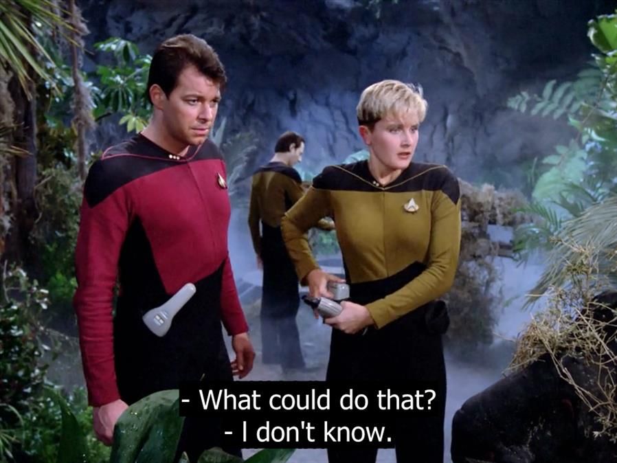 TNG; "Arsenal of Freedom"; Riker and Tasha Yar looking down at the component, with captions: (Riker) What could do that? (Yar) I don't know.