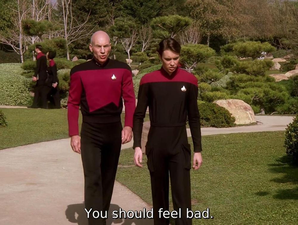 TNG "The First Duty"; Picard and Wesley Crusher walking through sunny garden at Starfleet Academy; Picard is in his normal uniform and Wesley is in a cadet uniform with the cool cargo pants pockets for his slide rule and protractor; Wesley is looking down and Picard is speaking, with caption: You should feel bad.