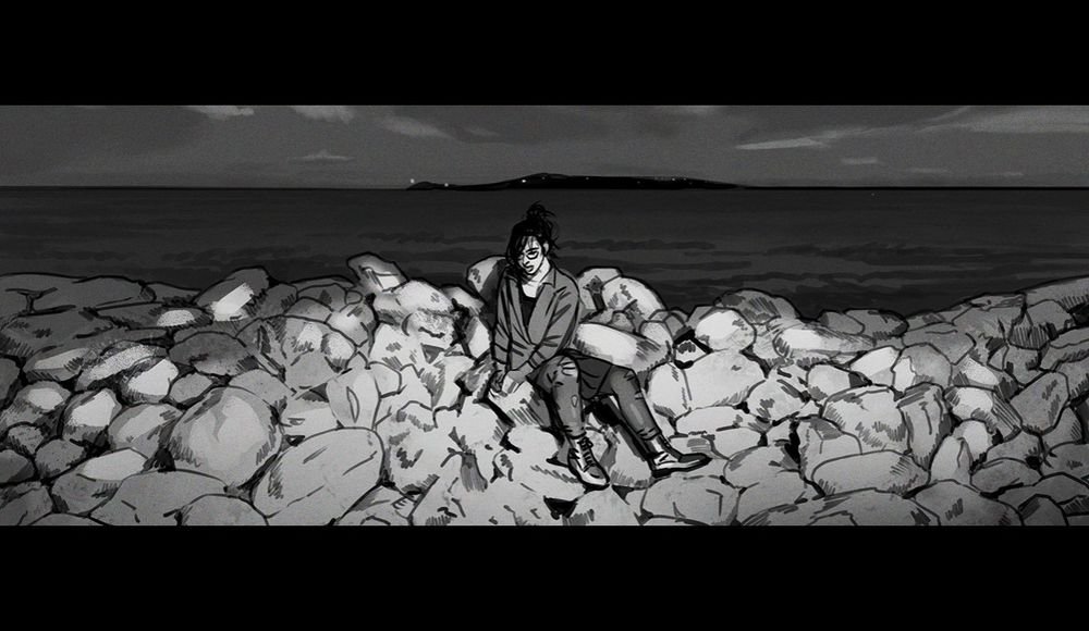 a cinematic illustration of trans mystery Kas al-Ridha, sitting on the piled rocks of a jetty stretching into the water. it's nighttime and they're illuminated as if we're shining a flashlight on them. behind them is the ocean, the bellies of clouds, and the distant lights of an island off the coast of Port City.