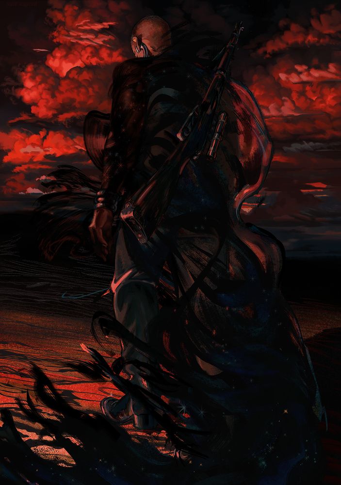 lit up red by unseen sun as it bleeds below the horizon, a figure, a Black woman with a shaved head, steps forward in front of storm clouds, in an expanse of weaving sand dunes. she's carrying a mosin-nagant rifle across her back, and her black, threadbare cloak billows around her in tatters. her big silver earrings and bracelets catch the dying light. within those tatters are small, scattered stars.