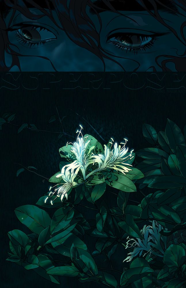 a poster for the comic SUPERPOSE. at the top is a close-up of the character Rafael (he/him, trans man) 's eyes and wet hair draped messily over his face, watery light reflecting on his skin. below is an illustration of japanese honeysuckle (lonicera japonica) which is a test subject in SUPERPOSE. here it appears with some strange form of fasciation, the petals looping back over themselves to connect with two others, forming a disjointed ring of 3 blossoms. around them are more leaves, vines, and blossoms curling across the image. of bisecting the two illustrations is text reading SUPERPOSE.
