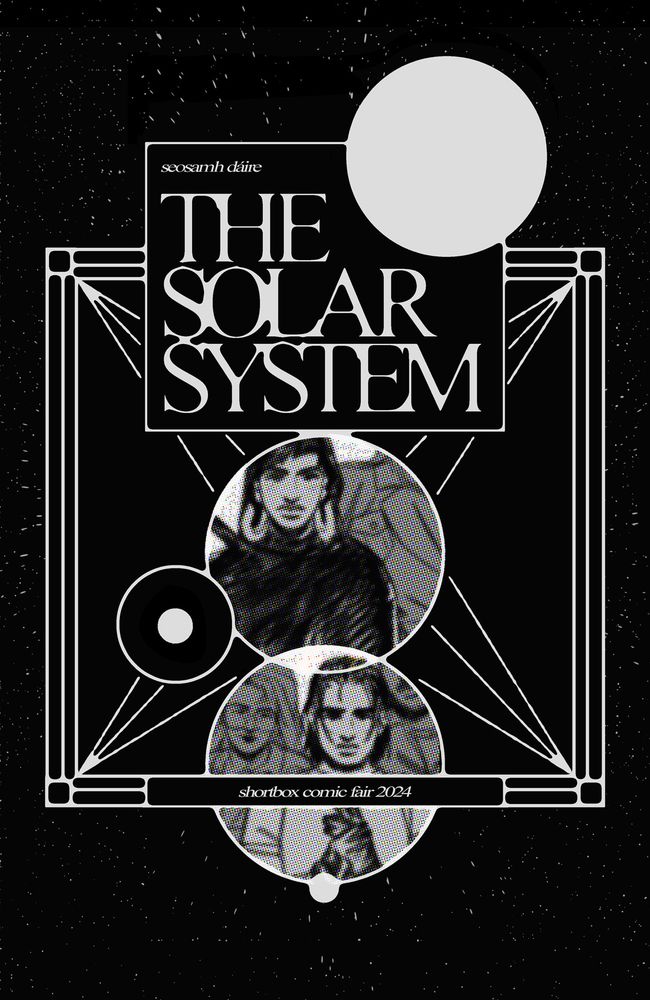 the black and white cover image of my comic, THE SOLAR SYSTEM, in a geometric pattern of lines and circles set against a starry background. the two main characters, jack and nour, are framed inside 2 circles, and are facing forward.