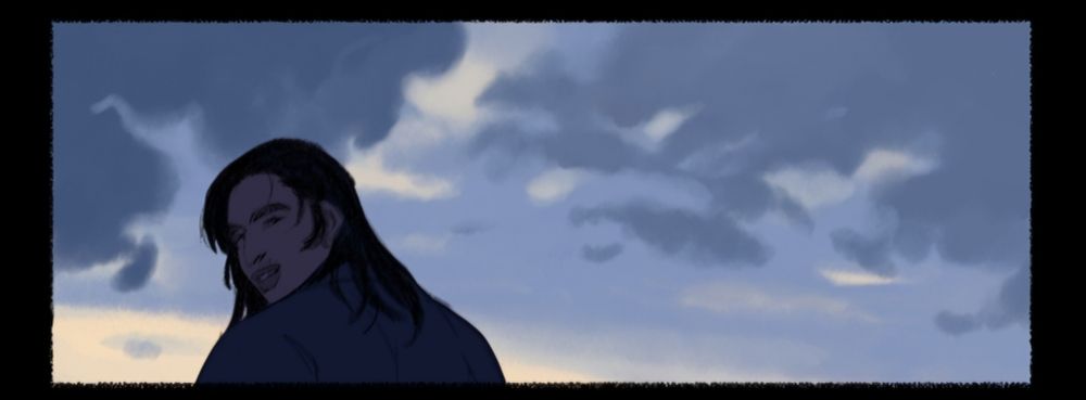 excerpted panel from an upcoming page of the sci-fi comic SUPERPOSE, featuring Rafael in Royal's memory
