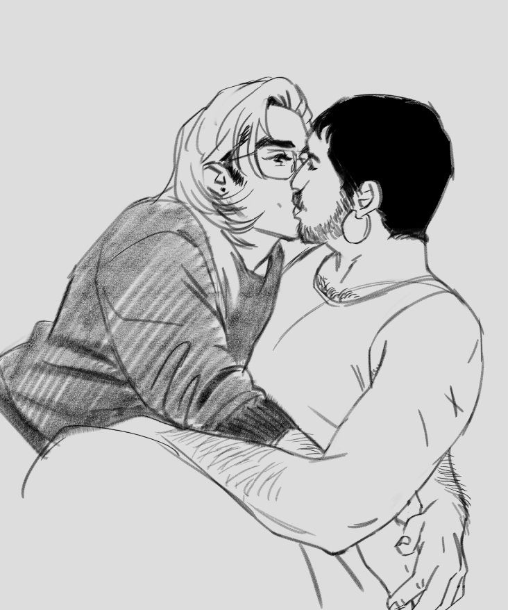 i saw someone say "tiny grabbable waists" about their yaoi ships (as people are wont to do) and my vision turned completely red and i started levitating. so i drew some thick husbands (daniel rallis, enver kaychak) who usually just try to pulverise each other or trigger each other for sexual catharsis but now they are being ever so sweet...