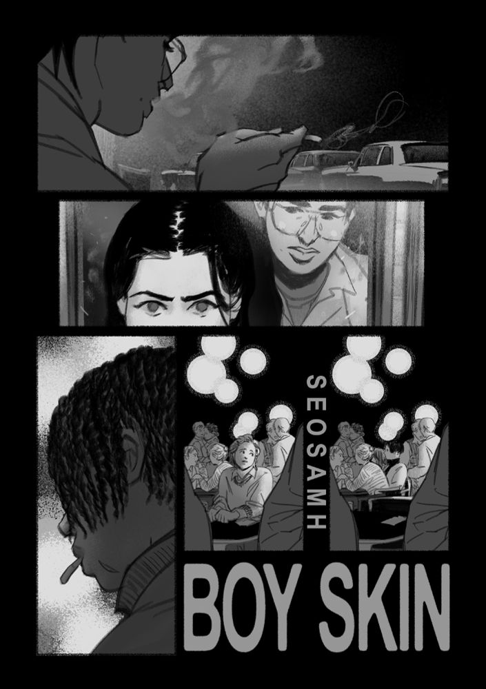 the cover page for my t4t/butch4butch comic

panel 1: dan smoking alone in the parking lot behind the bar
panel 2: dan's defeated reflection in the mirror, and in front of him is a lover looking at him with a demanding, angry expression
panel 3: val smoking alone, expression unseen, with the lights of the bar behind him
panel 4 & 5: a young butch seated at a table among a crowd of people, mostly talking or dancing among themselves. in the next panel, the same character is absent.

title: BOY SKIN