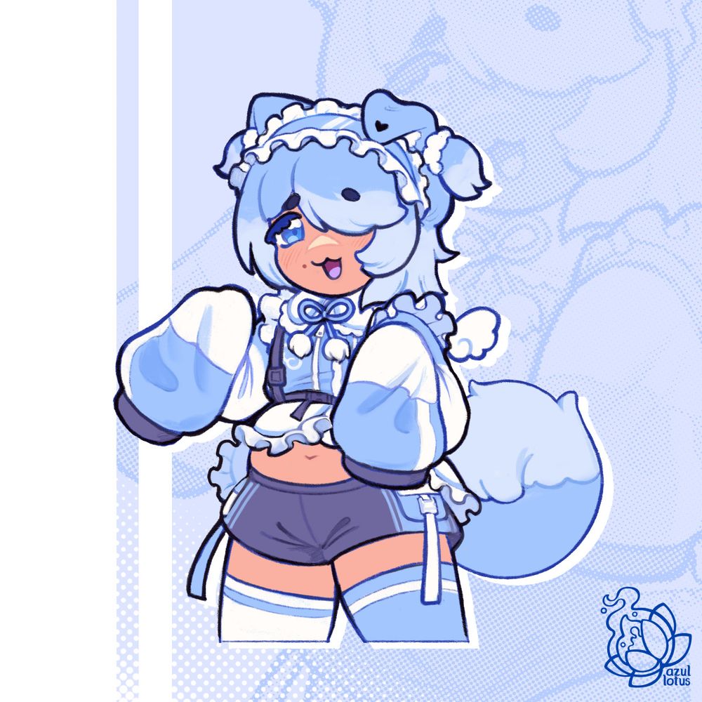 A doodle of my sona Azul but wearing an outfit inspired by the endless variations of a white/light blue, athletic leisure/maid outfit ive seen on pinterest