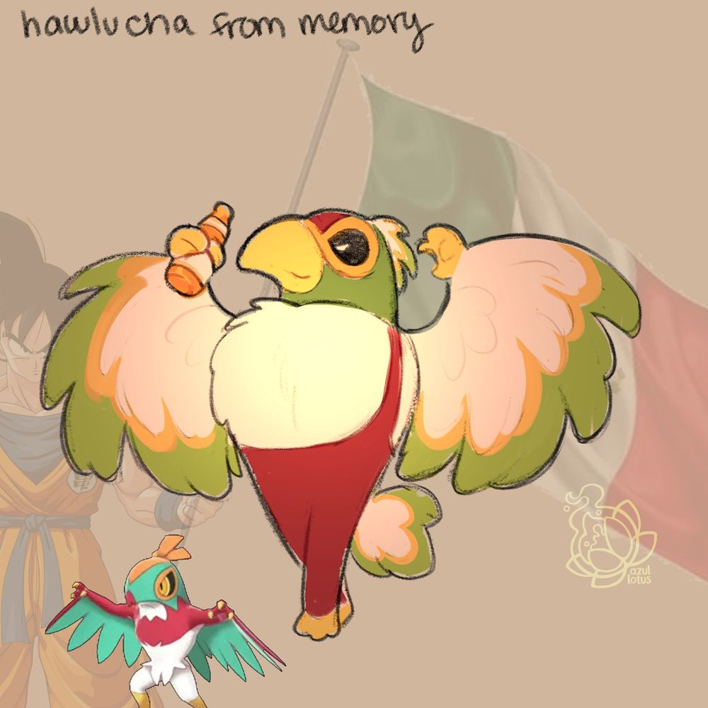 very accurate hawlucha from memory wearing a red wresting leotard and holding a modelo with dramatic sunset lighting, in the bg goku is holding the mexican flag