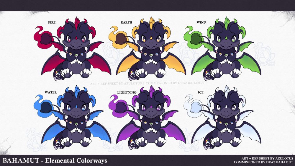 Mascot reference sheet art of Bahamut's 6 elemental forms: Fire, Earth, Wind, Water, Lightning, and Ice.
