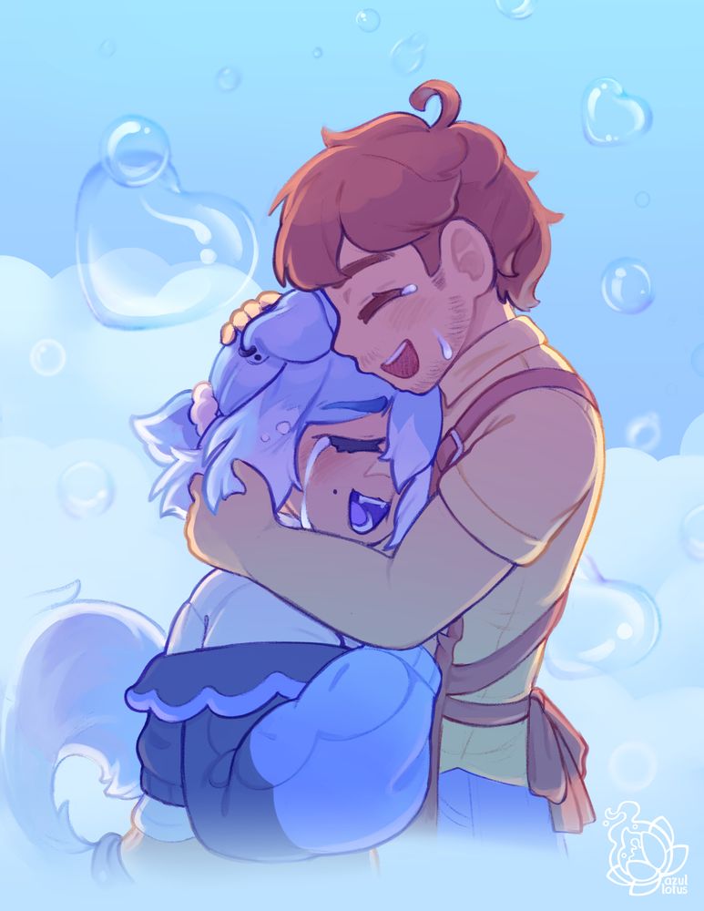 me and my boyfriend hugging with big fluffy clouds and bubbles behind us, we are weeping happy tears and some bubbles are shaped like hearts