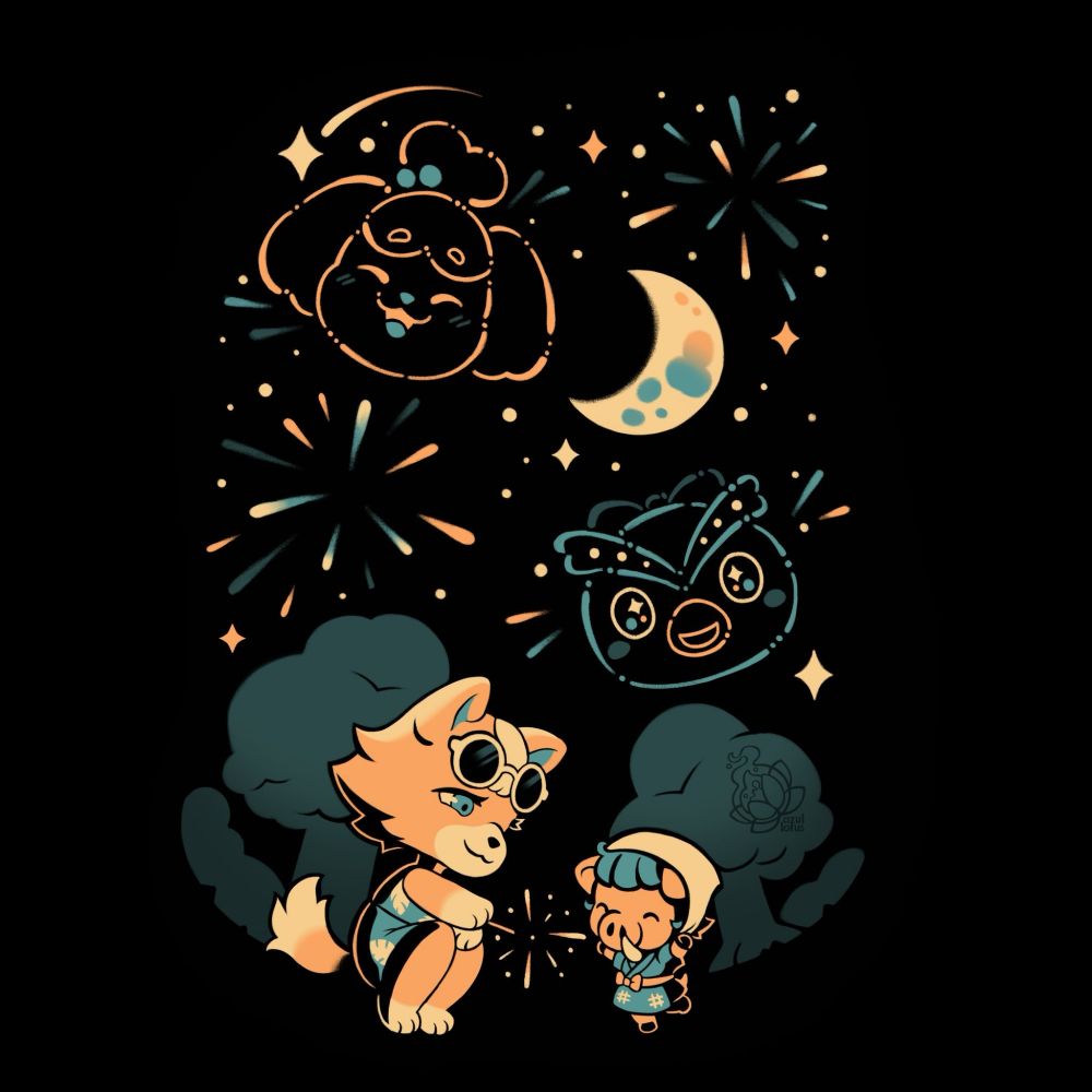 Animal Crossing fanart of Audie holding out a sparkler while Daisy Mae watches and dances under the lights of the fireworks festival. The sky is full of stars and fireworks and two fireworks make the shape of Isabelle and Celeste. The whole piece only uses 3 colors: Orange, Cream, and a soft teal to capture that late night summer vibe.