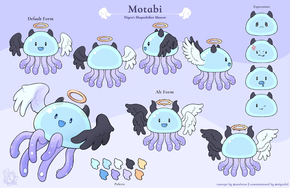 Motabi the shapeshifting being mascot design for @NigruLoL. Includes a 4-point turnaround of the default form, front and back of their alt form, color palette, and 4 expressions.