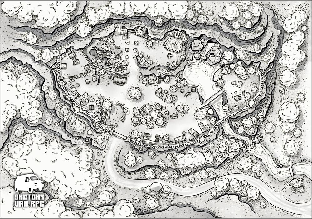Black and white hand drawn map of a mountain trading outpost nestled against a cliff wall. It features a dozen buildings and a small military keep.  Its surrounded by wooden palisades and a small gatehouse.