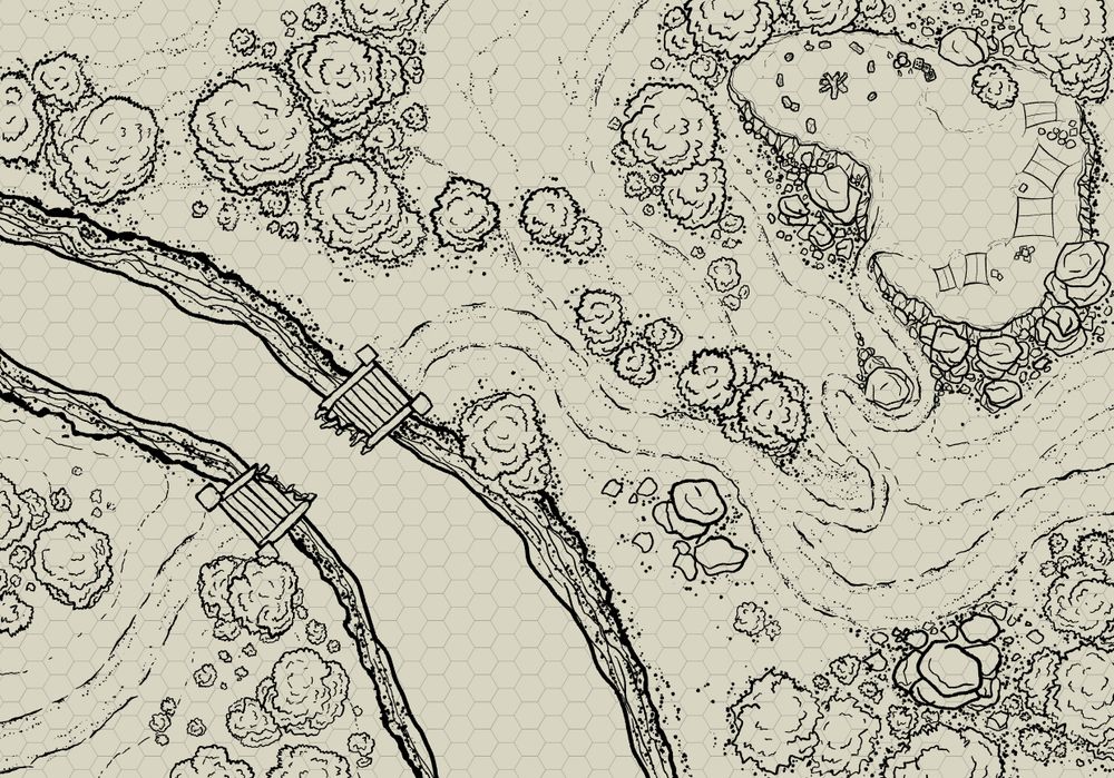pen and ink map. a river cuts across the road. The bridge crossing it has washed out.  Several hundred feet away, on top of a hill, is a small encampment overlooking the bridge with 5 tents and a large bonfire