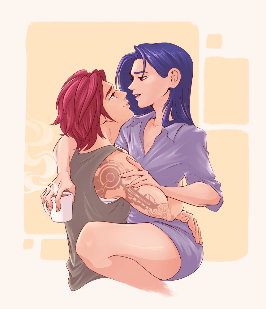 Caitlyn and Vi wearing pajamas, Caitlyn is holding a steaming mug of tea while hugging Vi