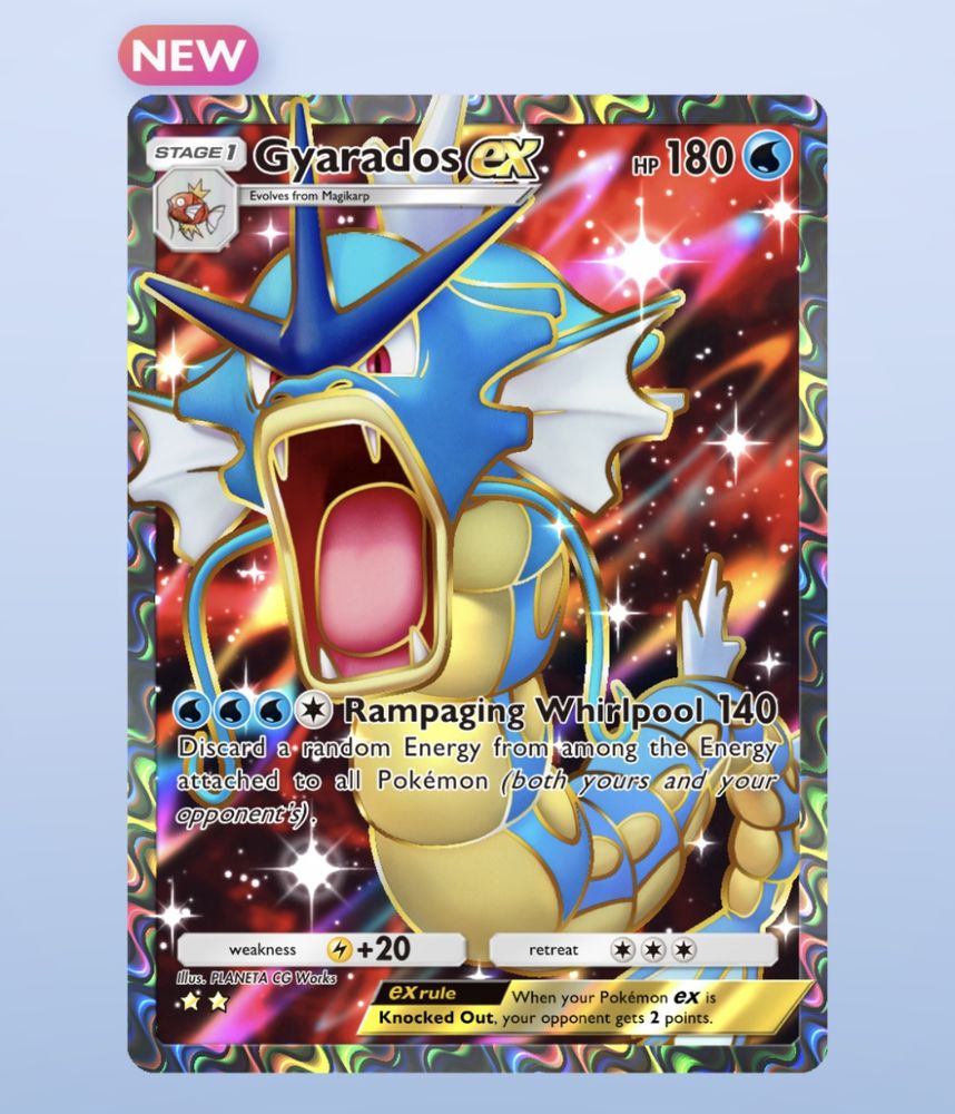 A holo Gyarados EX card pulled from a pack in Pokemon Pocket