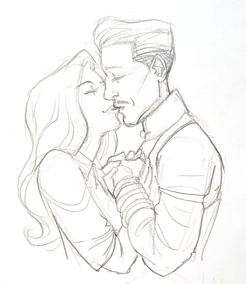 Sketch of two characters from Dragon Age the Veilguard, Rook and Emmrich, kissing.