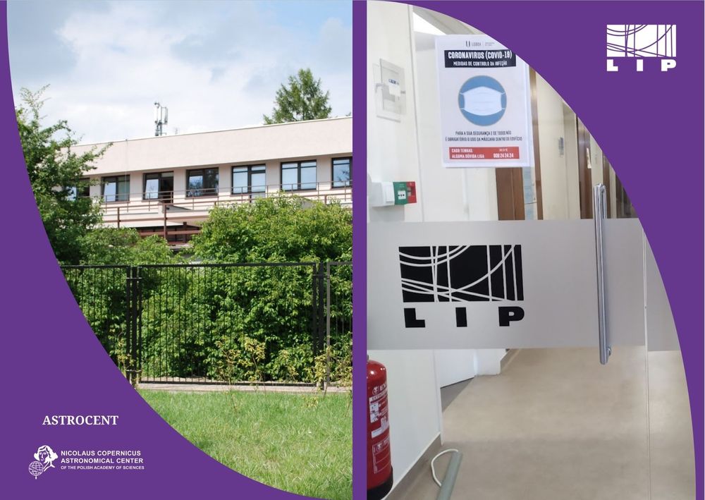 Split image with two photographs: the left side shows the exterior of the Nicolaus Copernicus Astronomical Center building surrounded by greenery under a partly cloudy sky; the right side shows the entrance to LIP (Laboratório de Instrumentação e Física Experimental de Partículas) with a frosted glass door bearing the LIP logo and a COVID-19 safety poster above it. Both sides are framed with a purple graphic background including the logos of Astrocent and LIP.