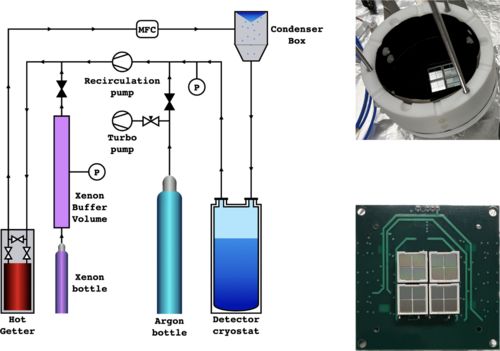 Left: Schematic representation of the cryogenic setup for liquefaction, mixing, and purification of argon and xenon. The circles marked with “P” represent pressure transducers, while the box marked as “MFC” represents the mass flow controller. Top right: Open PTFE detector chamber, lined with Lambertian Black™ foil, showing the bottom array of Hamamatsu SiPM modules. Bottom right: Four Hamamatsu modules of VUV-sensitive SiPMs mounted on a custom-designed readout board.