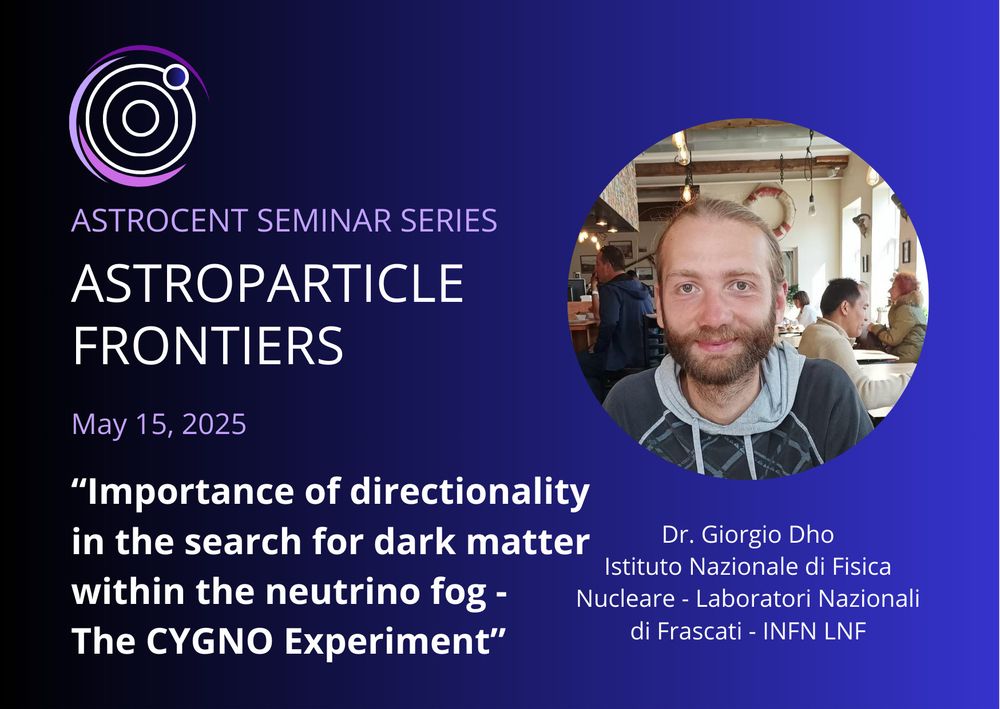 “Digital poster for the ASTROCENT Seminar Series titled Astroparticle Frontiers. A dark-to-blue gradient background fills the graphic. Top left: a stylized circular logo. Large white heading reads ‘ASTROPARTICLE FRONTIERS’; beneath it, the date ‘May 15, 2025’. Further down, a bold quote announces the talk: ‘Importance of directionality in the search for dark matter within the neutrino fog – The CYGNO Experiment’. On the right, a circular photo shows the seminar’s speaker – a young bearded man in a casual hoodie, seated in a café setting.