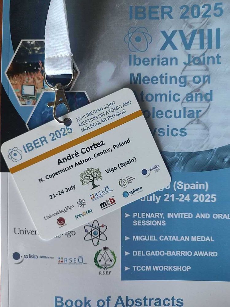 Close-up of an IBER 2025 conference badge on top of the event booklet. The badge includes the conference title, dates (21–24 July 2025), and location (Vigo, Spain), along with multiple institutional logos.