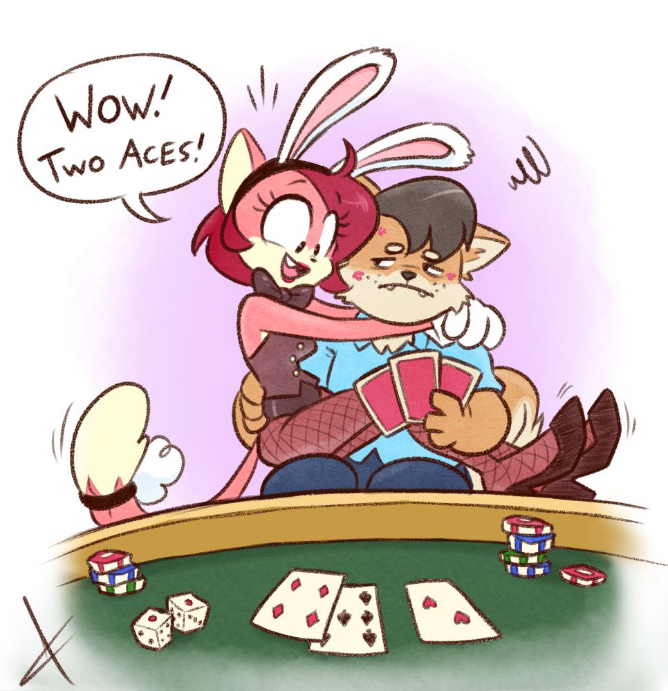 Sarah sitting in Shibe's lap as he plays some card game at a casino. She looks at his hand and says out loud "Wow! Two aces!" Shibe looks annoyed.