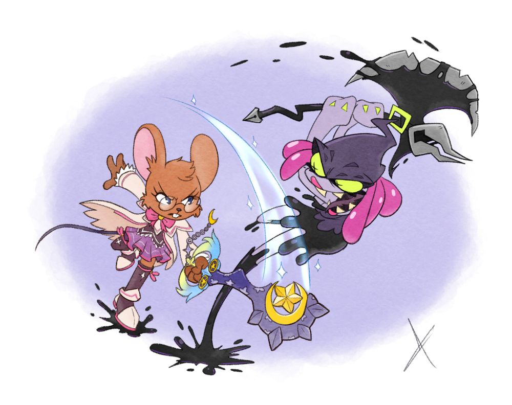 Golly taking a swing at Tsumi with her Star Seeker keyblade. Tsumi slips out of the way and readies her inky axe while cackling.