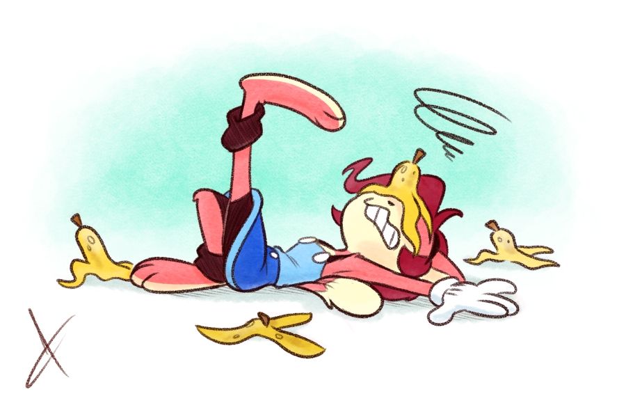 Sarah lying on her back in a daze, one leg straight up with a banana peel on her face. There are other peels around her on the ground as well.