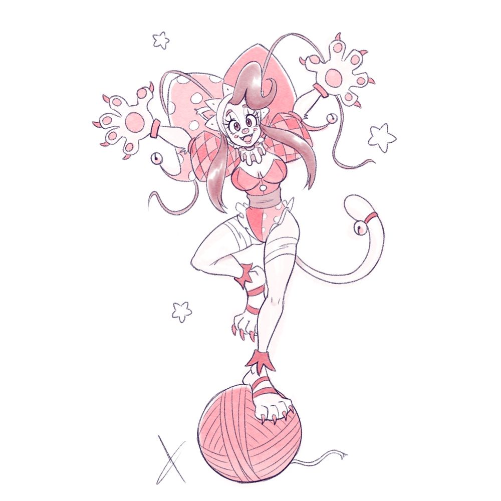 Felicia from Darkstalkers balancing on a large yarn ball while dressed as a clown
