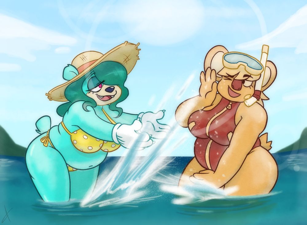 Lotta Bruin and Kara splashing each other with water